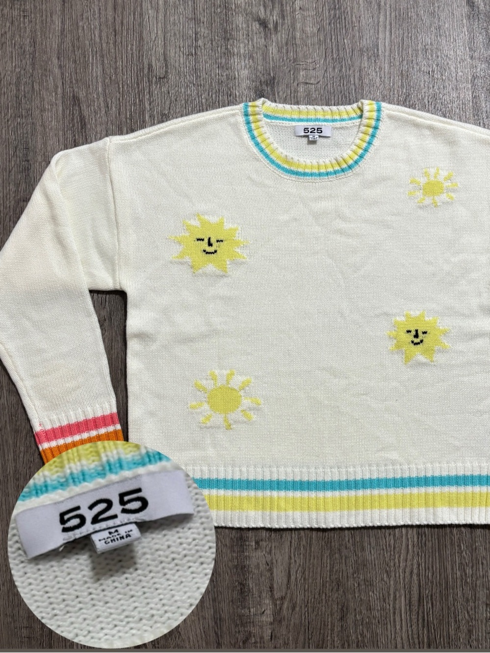 525 Women’s Ivory Knit Crewneck Pullover Sweater Sun Motif Striped Ribbing M
